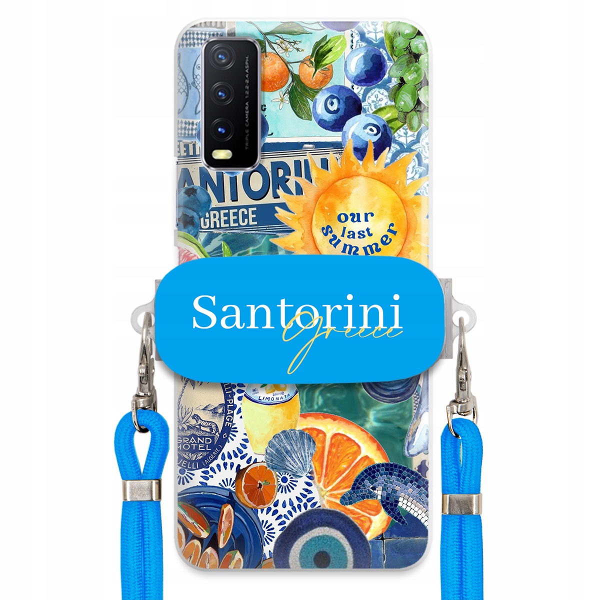 pouzdro na Vivo Y20 2021 Modré Crossbody vodítko držák Santorini Greece