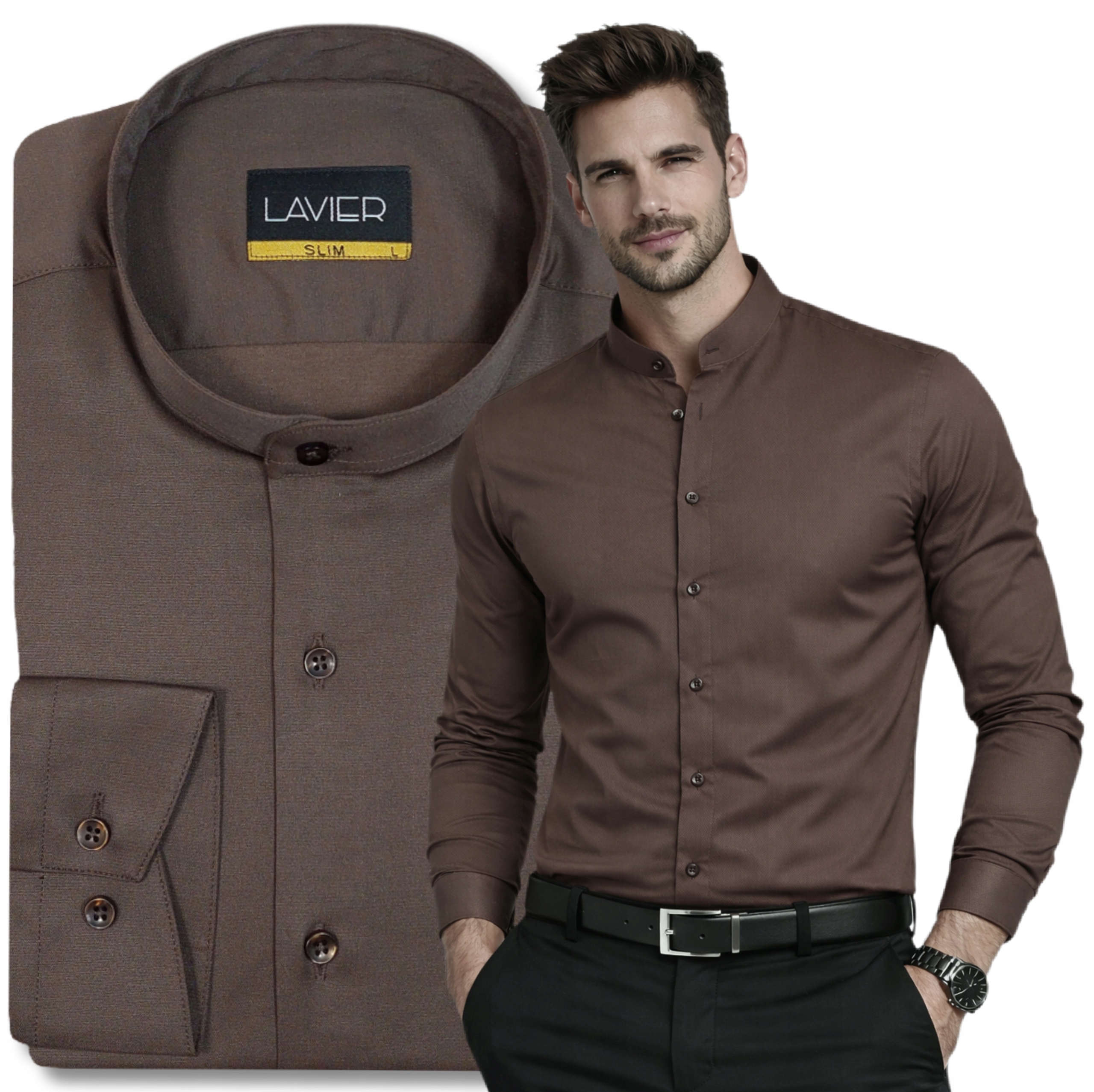 Pánská košile Stójka Lavier hnědá – elegantní, Slim Fit, bavlněná vel. M