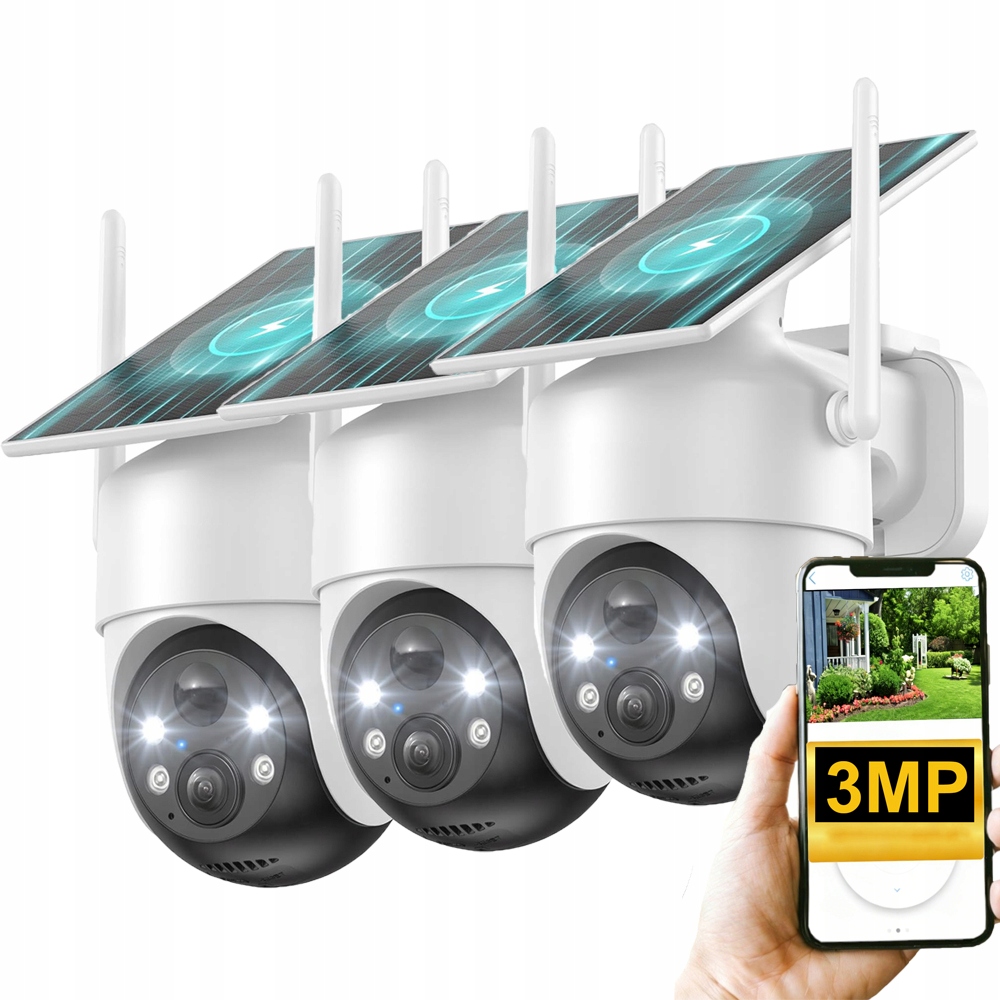 3 kusy 3MP solární otočná venkovní kamera Kamera pro noční vidění, barevná