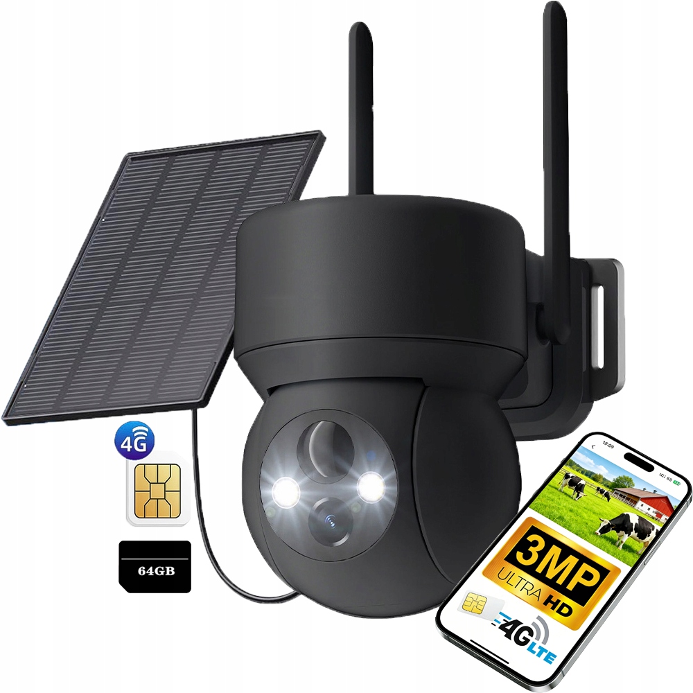 2K Venkovní Solární Ip Kamera Na Sim Kartu 4G Lte Otočná z karet 64 Gb