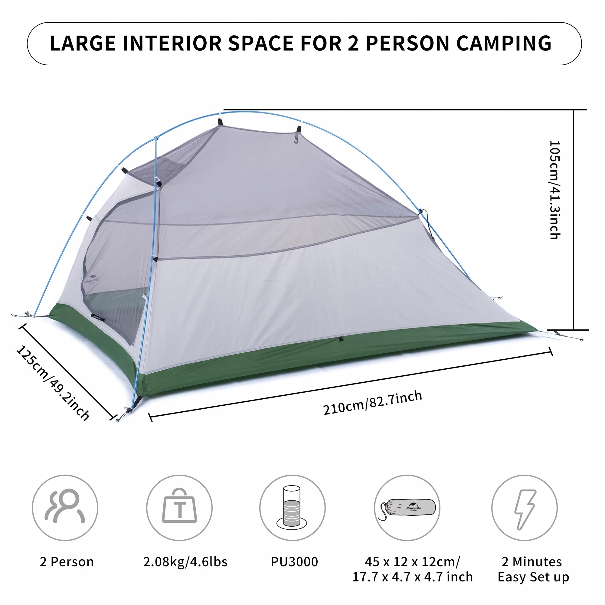 NATUREHIKE Cloud-Up 2 Osobowy Namiot Kempingowy Lekki Zielony 210T Upgrade — miniatura 2