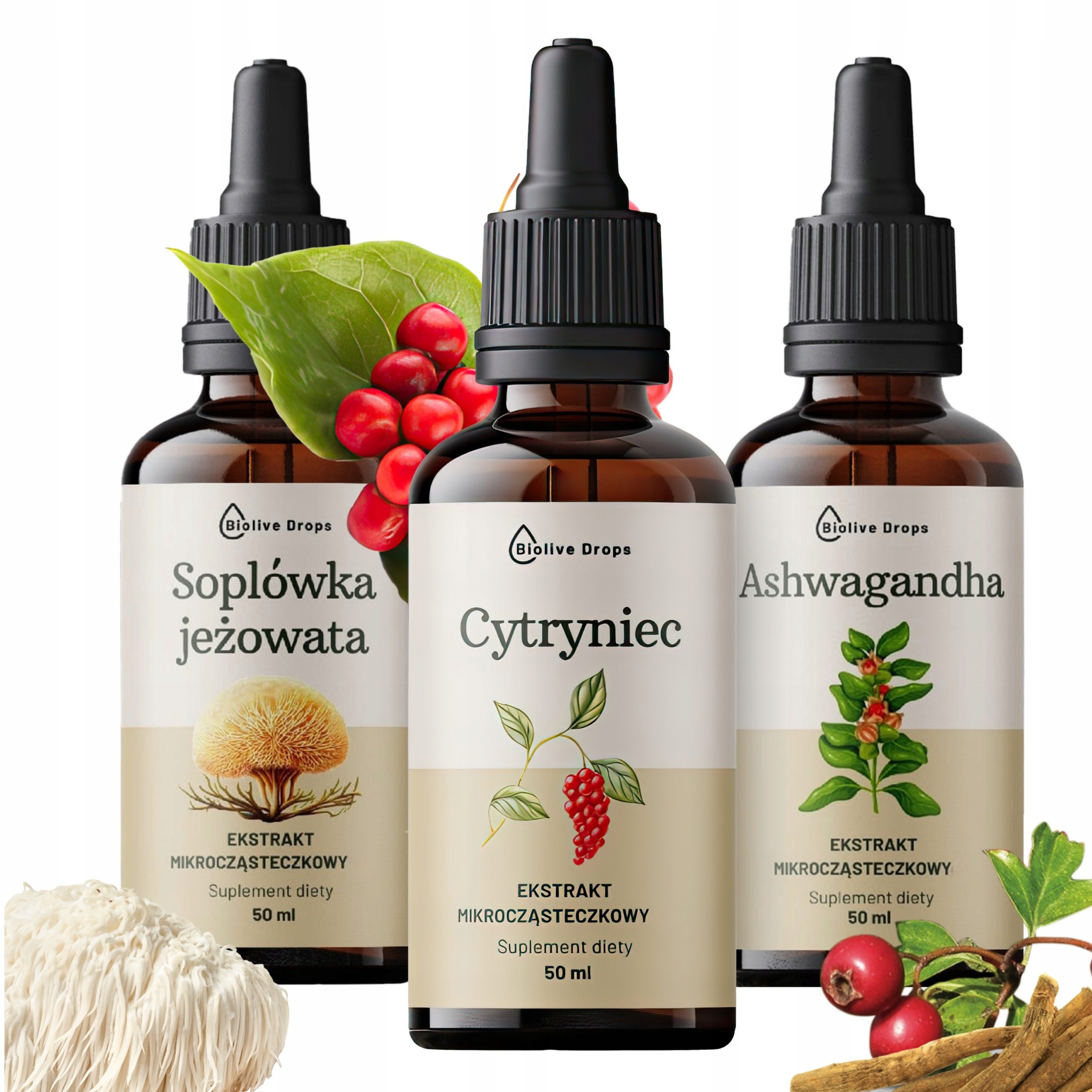 Ashwagandha Soplówka Jeżowata Cytryniec Krople Ekstrakt Adaptogeny 3 x 50ML