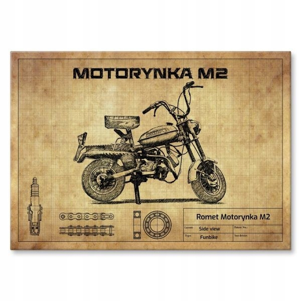 Grafika na kovu kovový štítek Romet Motorynka M2 plech dárek skica