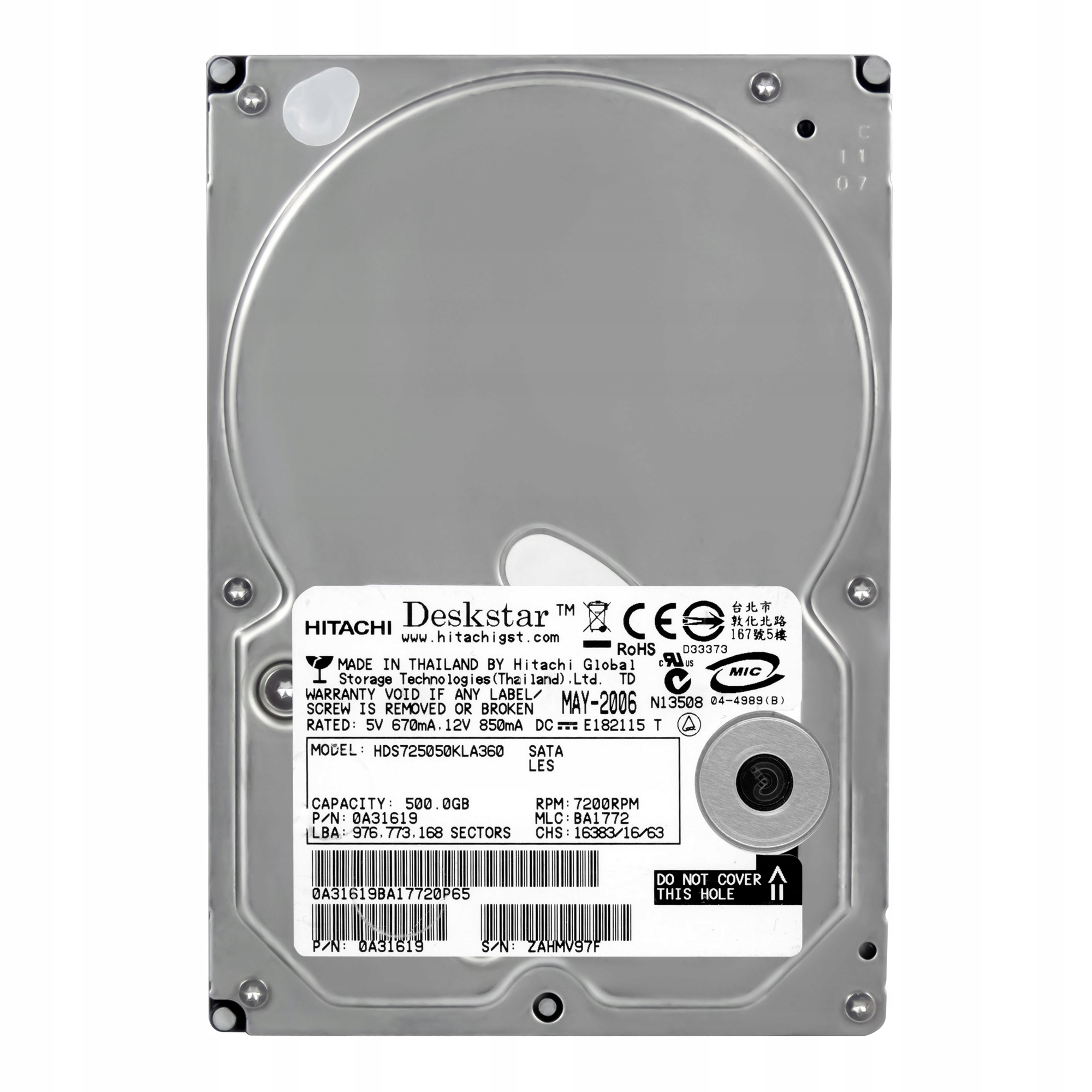 

Hitachi 500GB 7.2K Sata II 3.5'' HDS725050KLA360