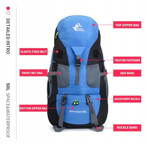 BSEASH Plecak Turystyczny 50L Lekki Wodoodporny Outdoor Camping Niebieski — miniatura 6