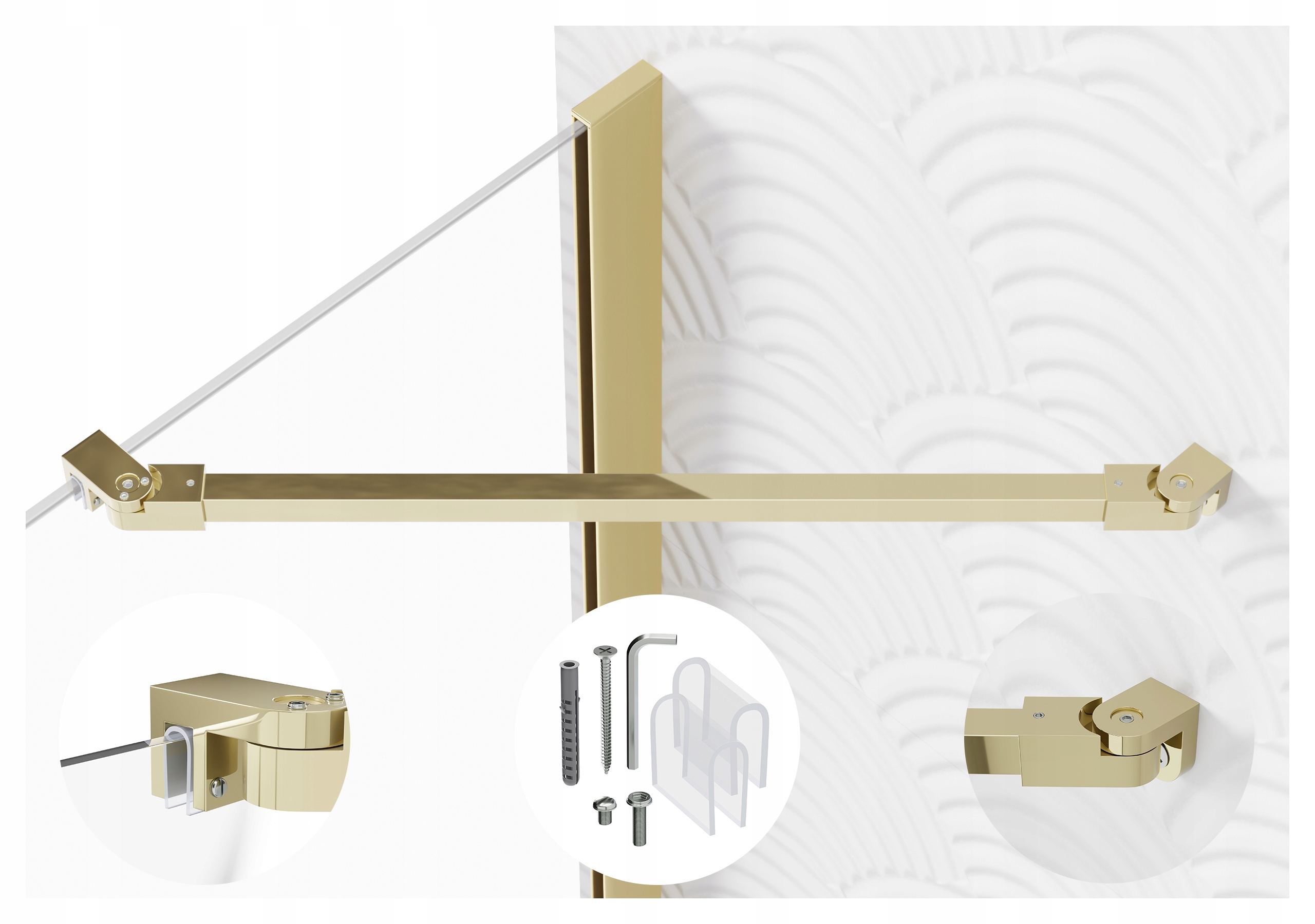 Držák do kabiny zlatý, nastavitelný od 30 do 120 cm pro skla 6-8 mm, úhlový