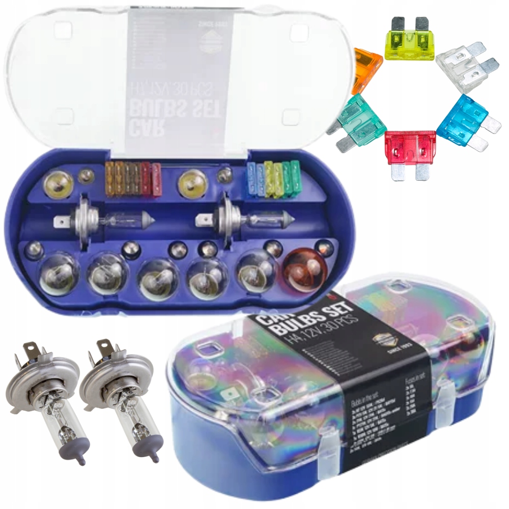 Zestaw Zasobnik Zapasowych Żarówek H4 12v 55W Komplet Bezpieczników 30szt