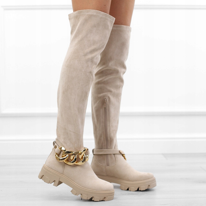 Béžové dámské semišové vysoké kozačky s plochým řetězem