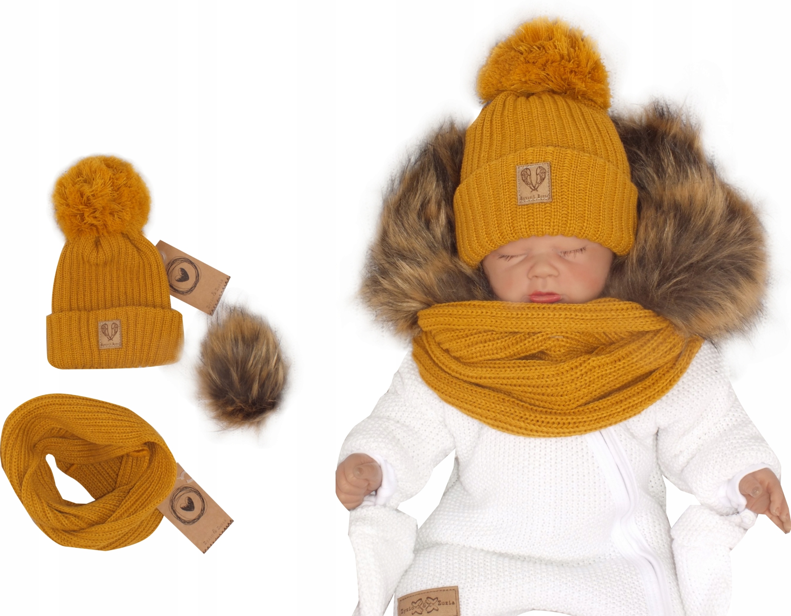 

Komplet Czapka 3w1 zimowa pompon +szalik 0-4m-c