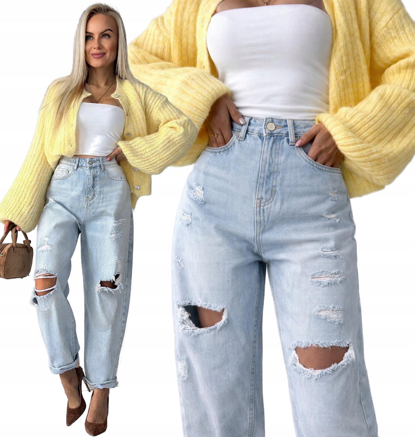 Jeansowe Spodnie damskie jeansy Balloon Jeans Mom Fit przetarcia S Alaska