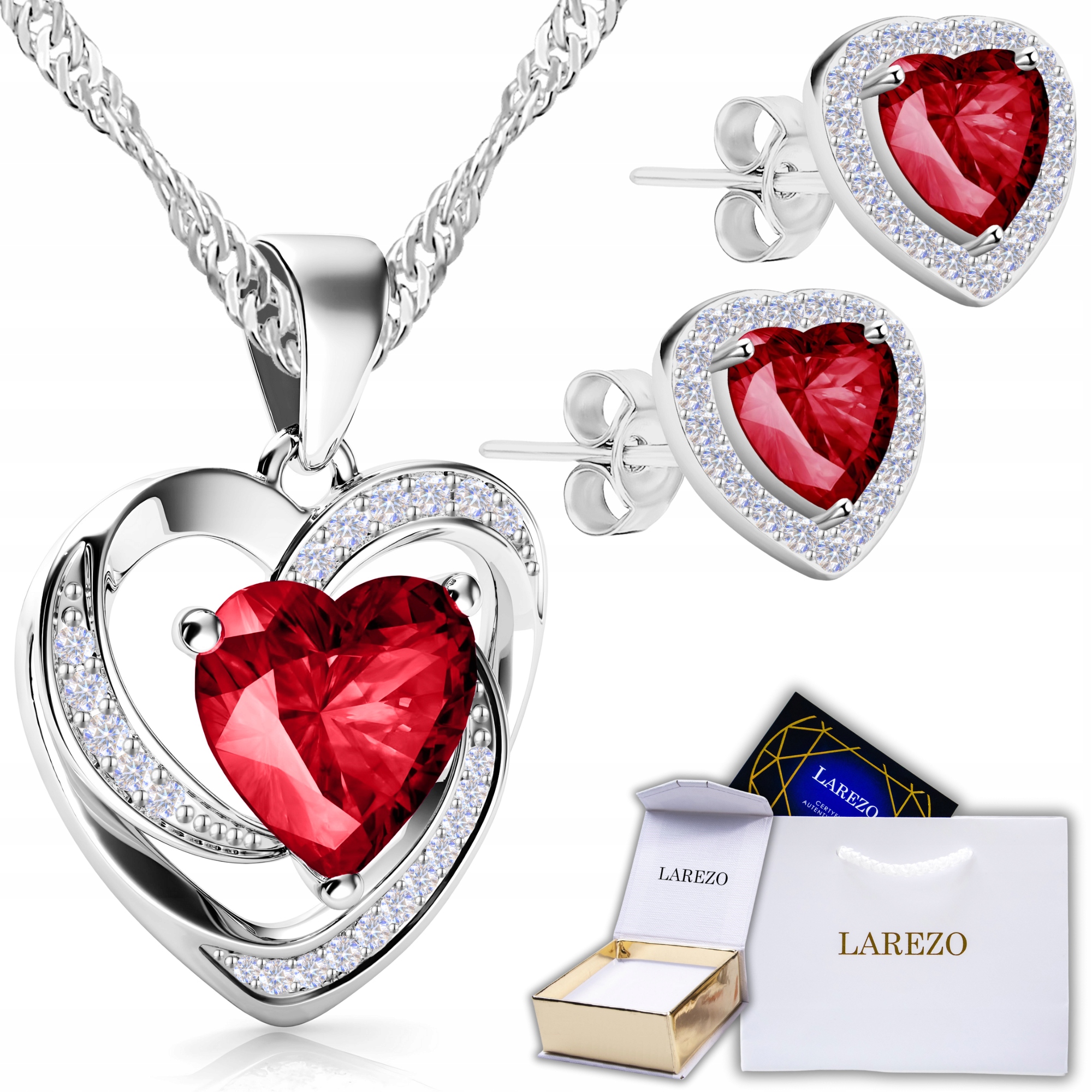 Sada stříbrných náhrdelníků Srdce a Náušnice 925 Červené křišťálové srdce