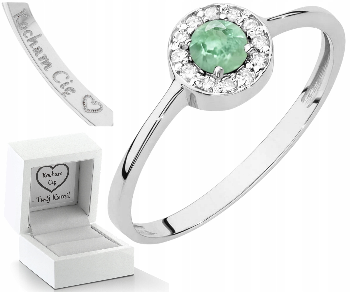 Bílý Zlatý Prstýnek Přírodní Kámen Zelený Smaragd Diamanty 585