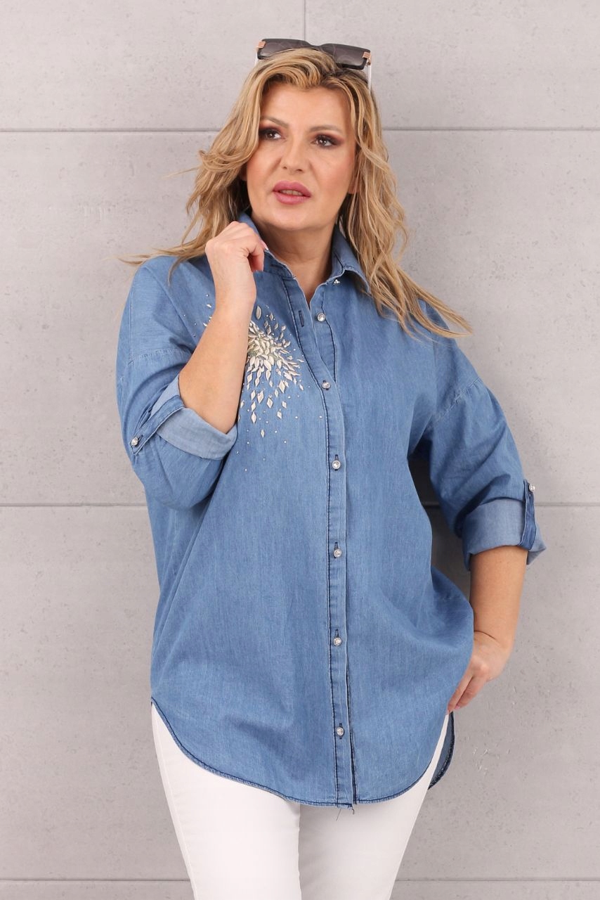 KOSZULA JEANSOWA DAMSKA DUŻE ROZMIARY ELEGANCKA DŁUGA OVERSIZE STYLOWA Płeć kobieta