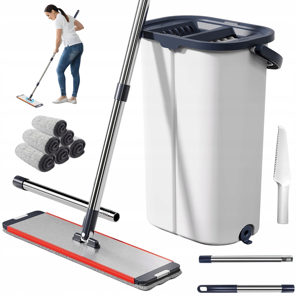 Levně Kbelík A Mop Plochý S Kbelíkem Dvoukomorový 360° 6 Vláknitých Rohoží