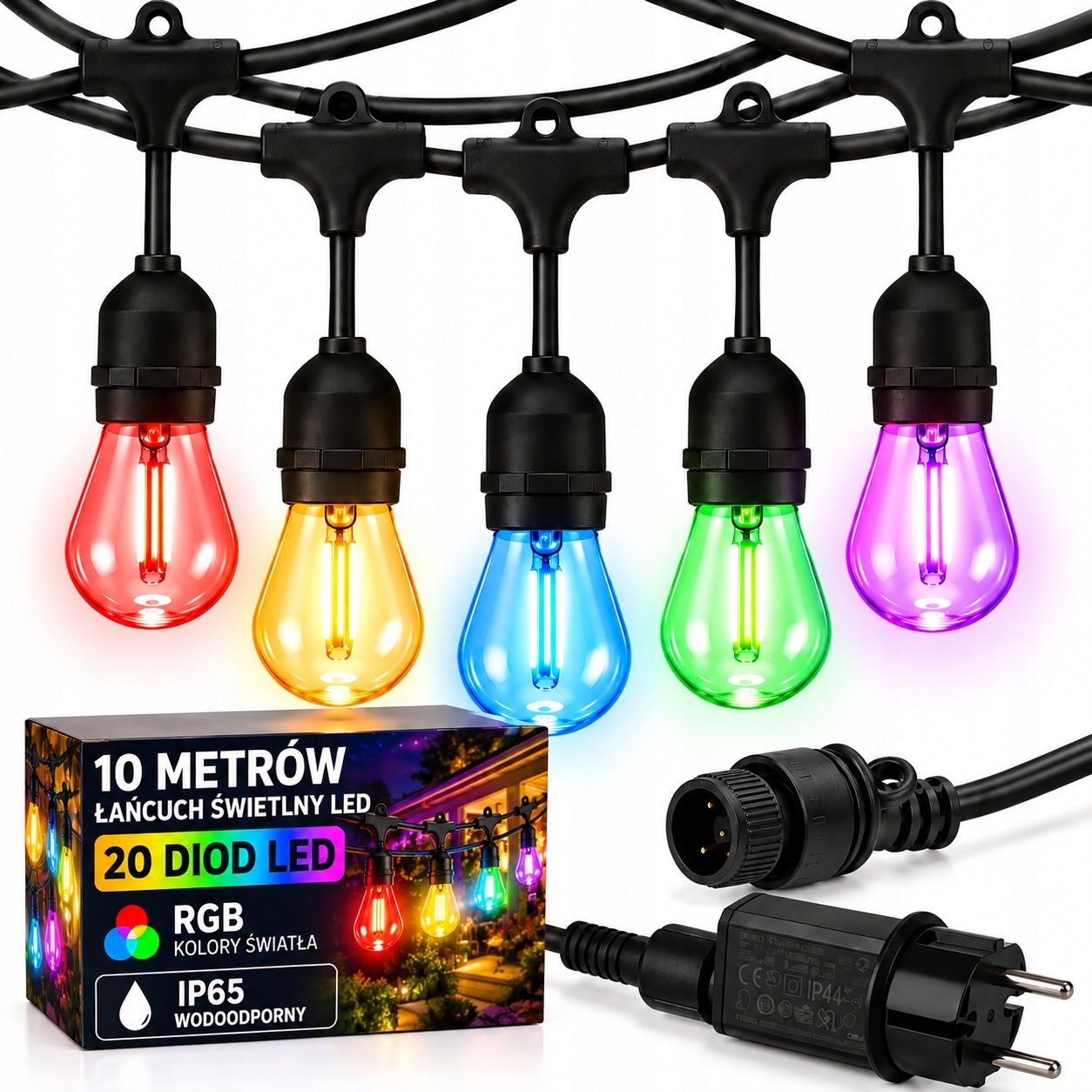 Světelná Zahradní Girlanda 10 M 20X Led Rgb E27 IP65 Barevná Venkovní