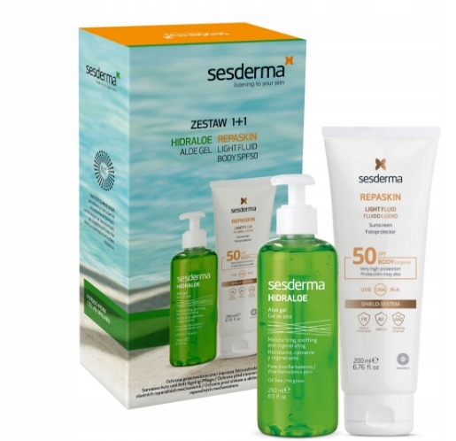 Sesderma Zestaw Repaskin Light Body Fluid SPF50 Hidraloe żel