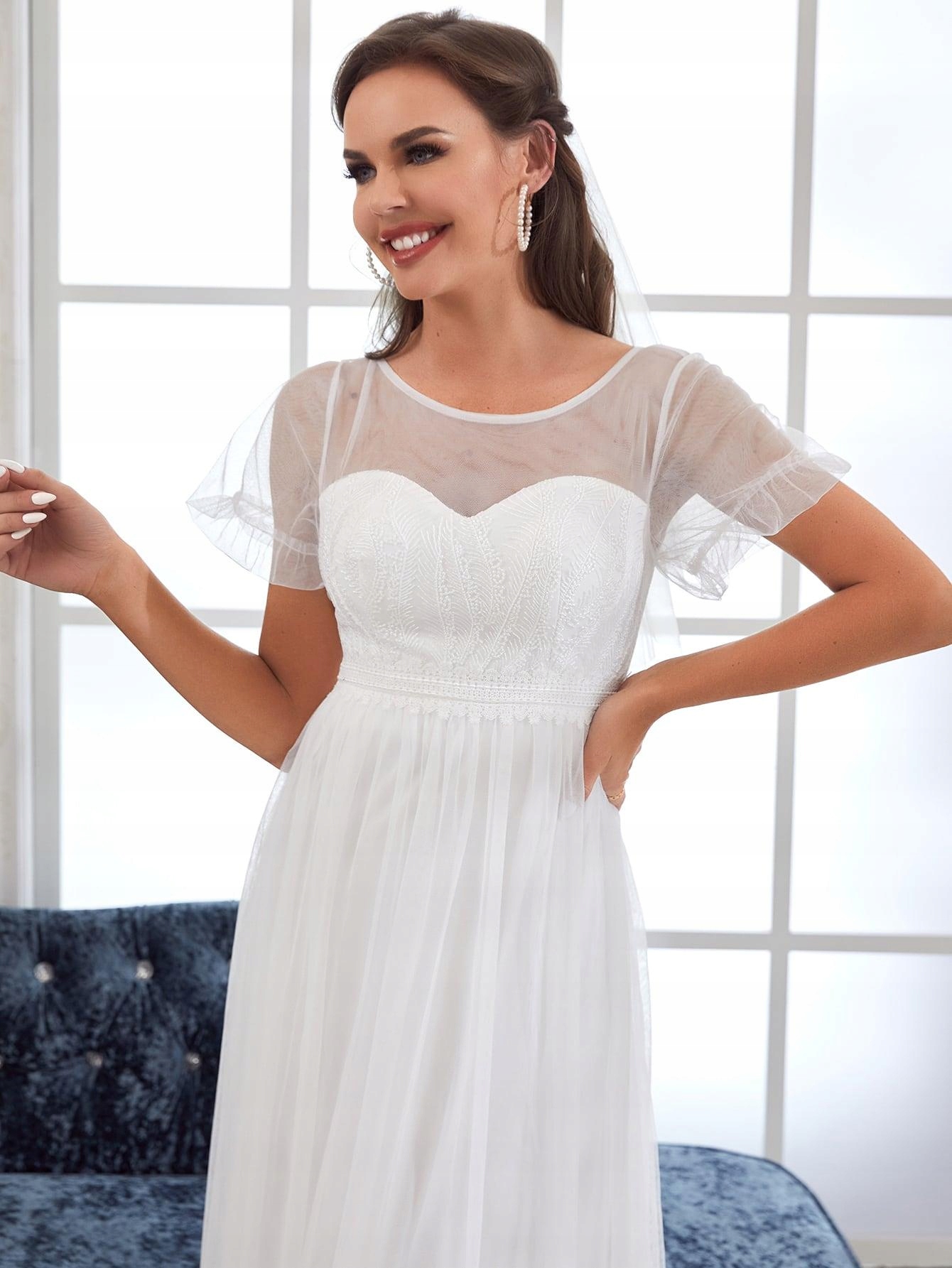 LC46309 Shein Svatební Šaty Bílá Krajková Horní Část (35) 36