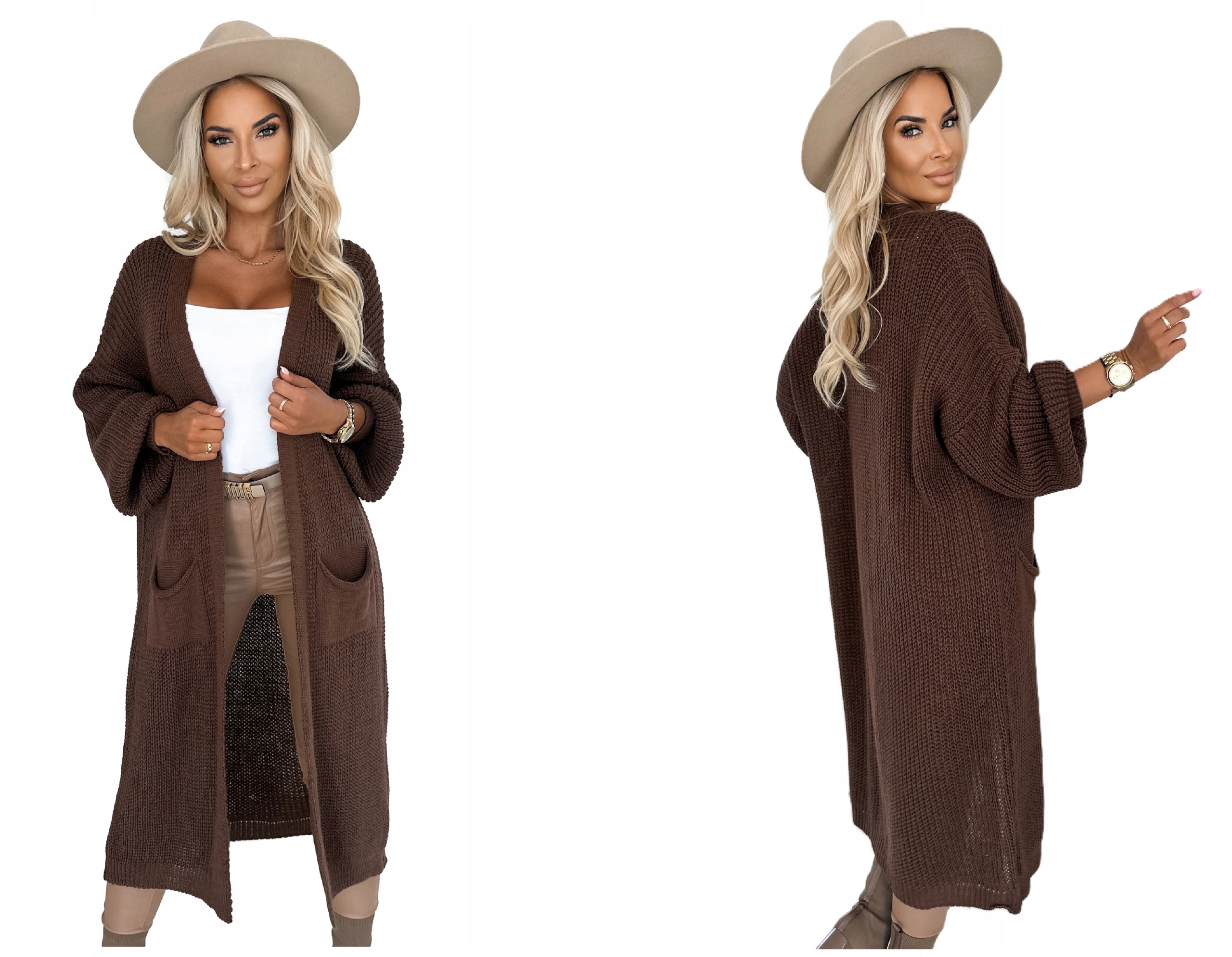 Krásný Dlouhý Kardigan S Kapsami, Volný Svetr Na Podzim, Čokoládový