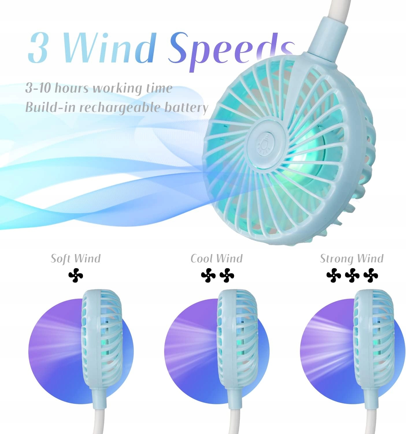 WIATRAK WIATRACZEK SPORT PRZENOŚNY WENTYLATOR USB Kolor dominujący niebieski