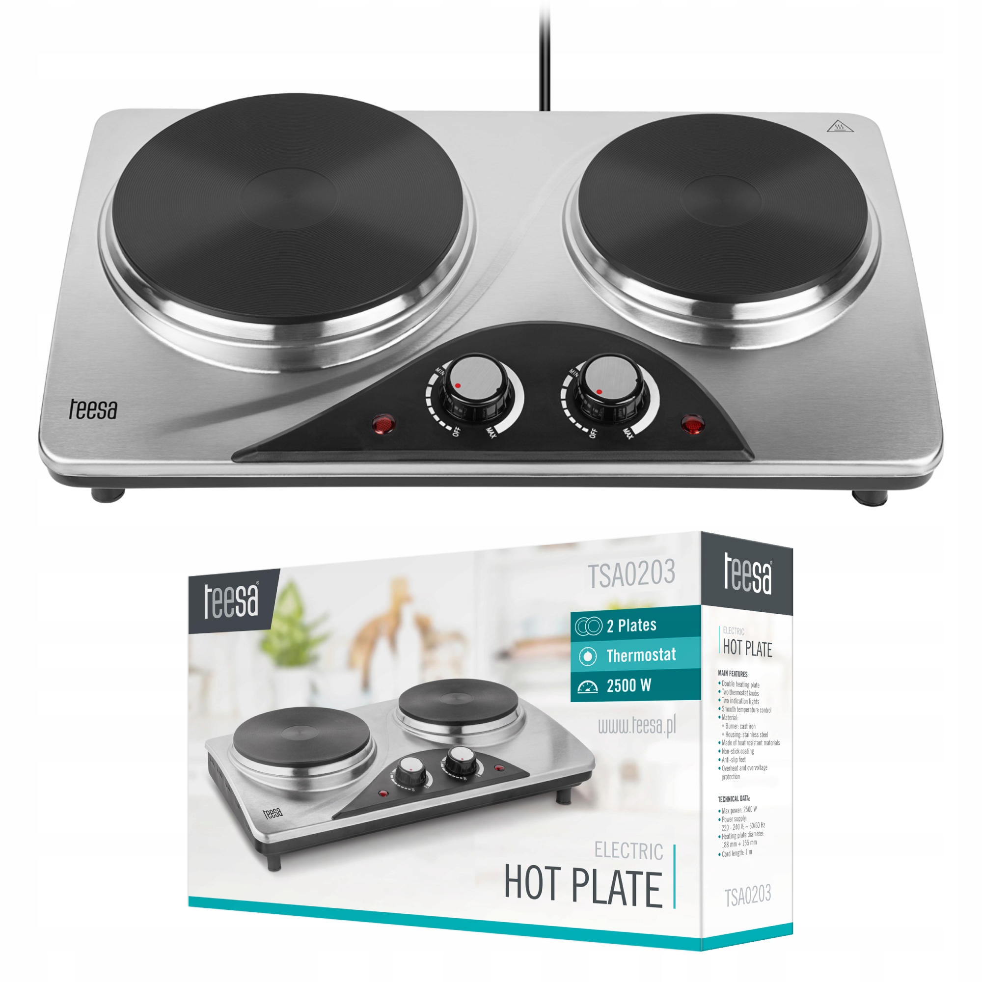 Kuchenka elektryczna przenośna podwójna 2500W Teesa 2 palniki