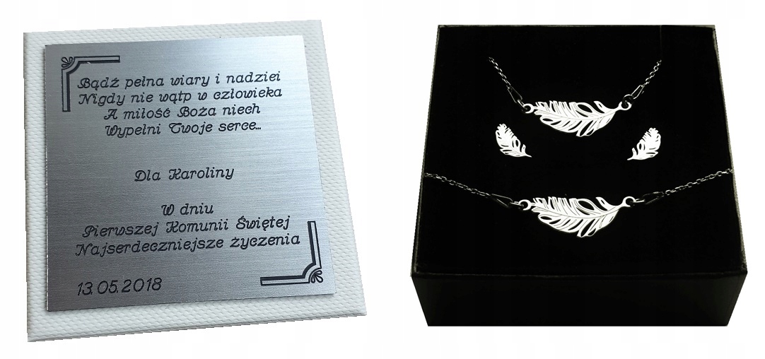 

Komplet srebrny 925 Piórka komunia+ Grawer