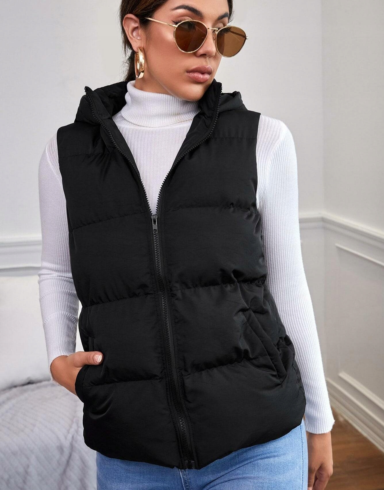 PIKOWANA CZARNA OCIEPLANA KAMIZELKA BEZRĘKAWNIK KAPTUR KIESZENIE SHEIN XS