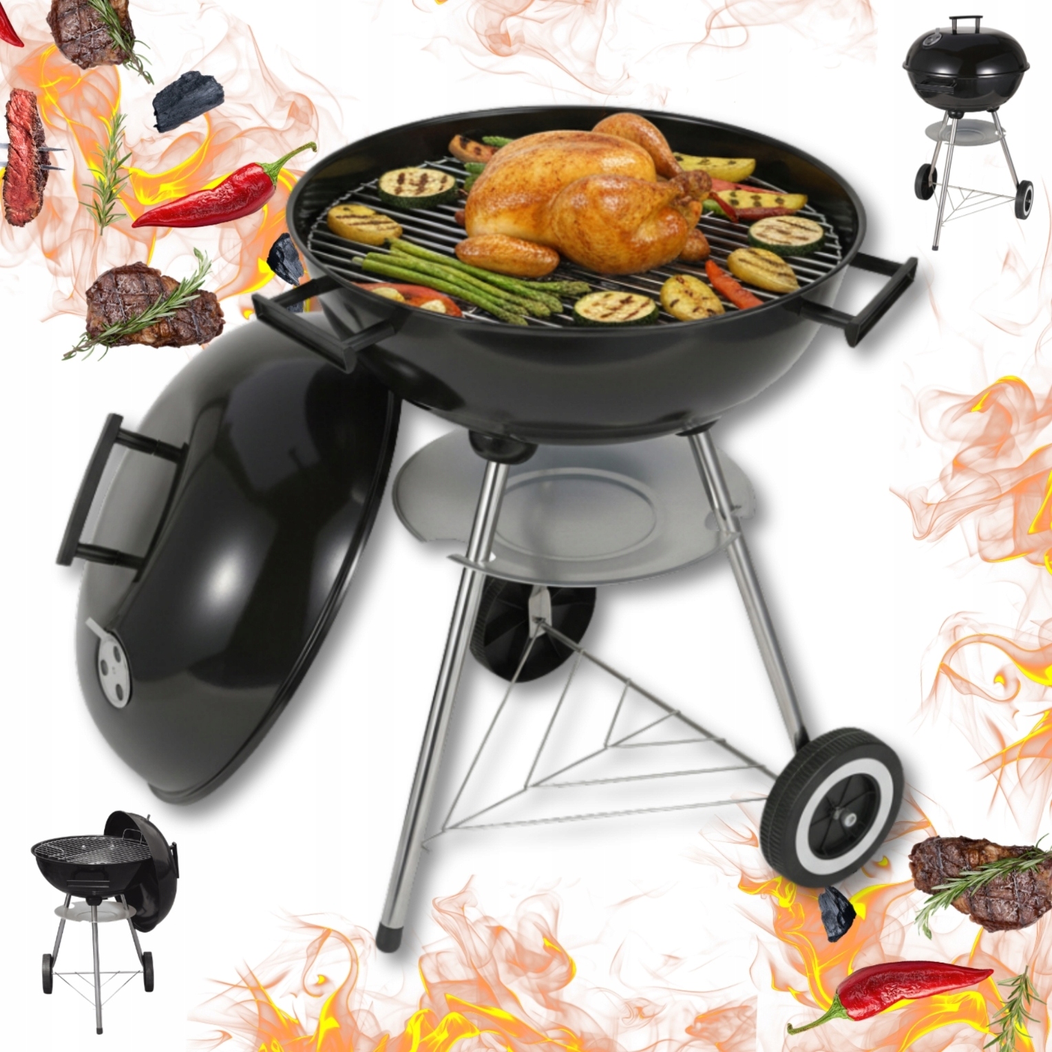 Grill węglowy ogrodowy z pokrywą 41 cm na kółkach ruszt