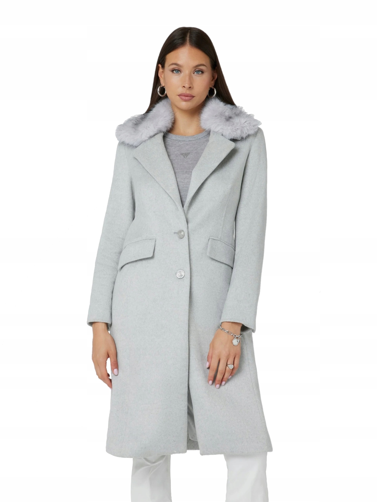 Guess šedý dámský kabát s kožešinou a vlnou, klasický trenčkot, velikost XL