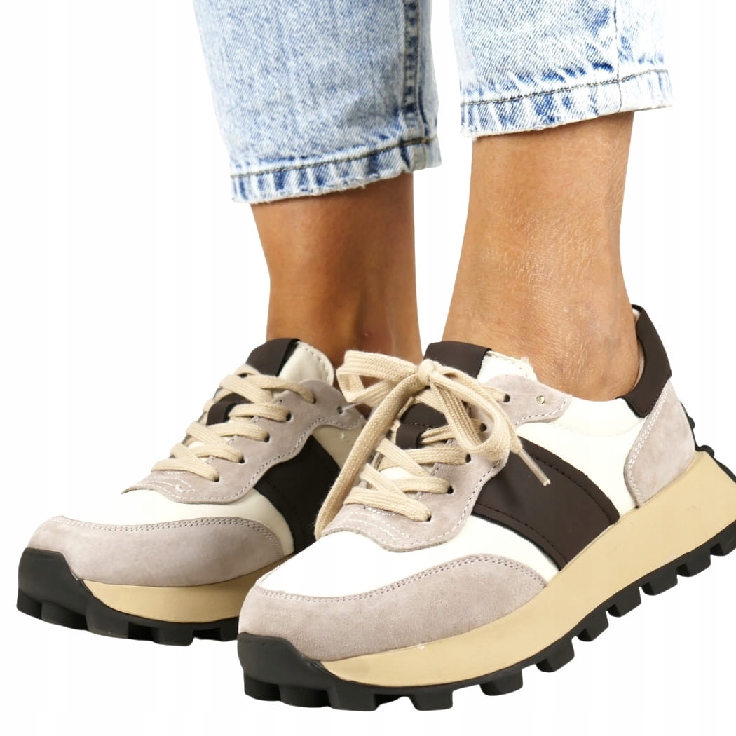 Kožené tenisky Bílo Béžovo Hnědé Olatforma Lehké Pohodlné Boty 41