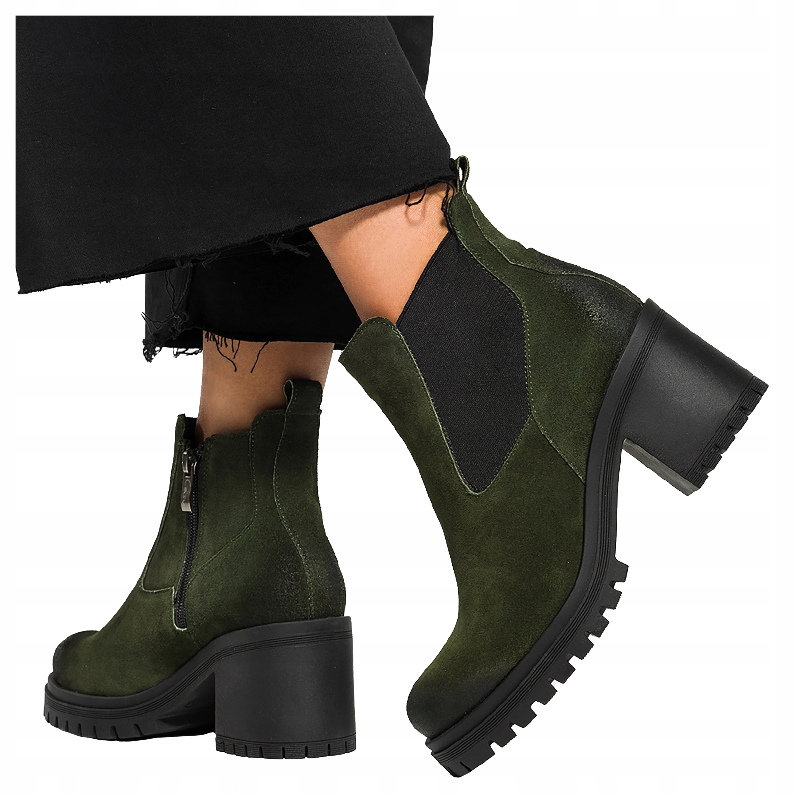 dámské kotníkové boty Kožené Zelené Platforma Široký Podpatek Kostka Pohodlná vel 41