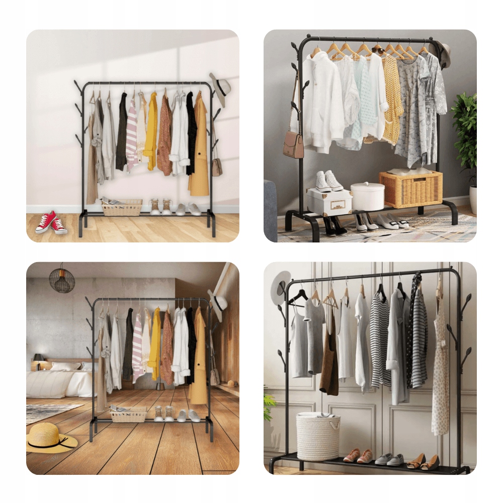 MOCNY STABILNY WIESZAK NA UBRANIA STOJAK DUŻY STOJĄCY Z WIESZAKAMI Kolor mebla czarny