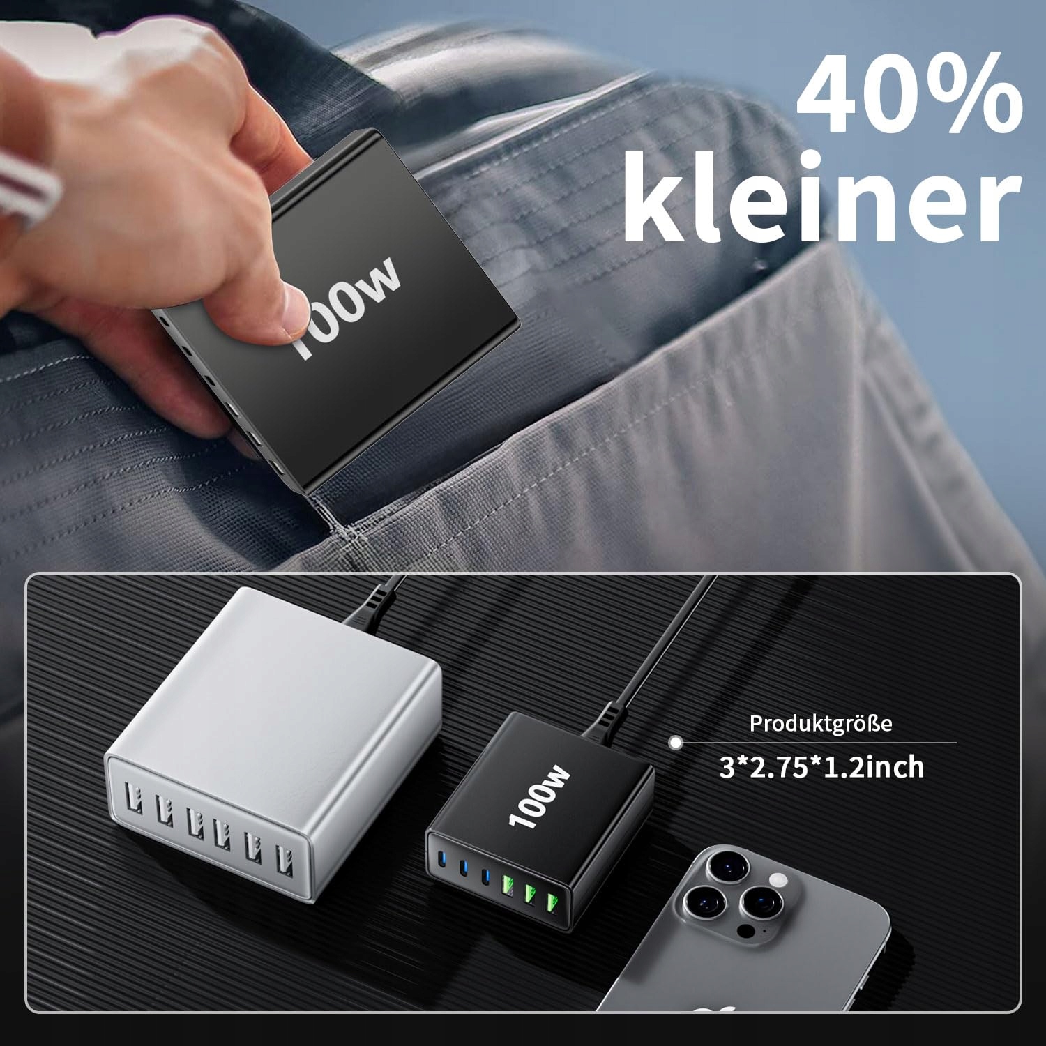 HSSNS Ładowarka USB C 100W 6-Port Szybkie Ładowanie iPad iPhone Smartfony — miniatura 7