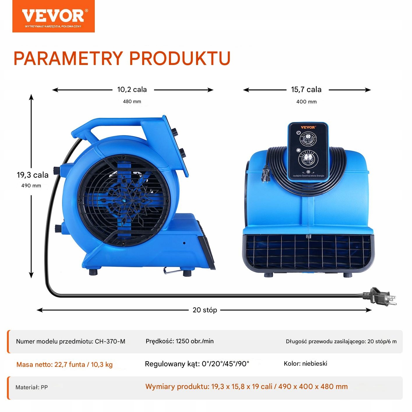 Dmuchawa Podłogowa 500 W 3 Prędkości Marka Vevor