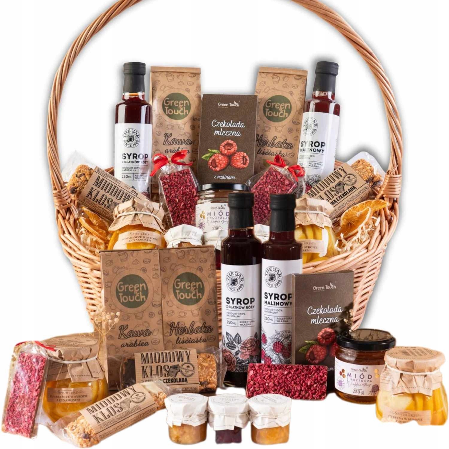 Duży Wiklinowy Kosz Prezentowy Miód Syrop Zestaw Herbata Owoce Na Urodziny