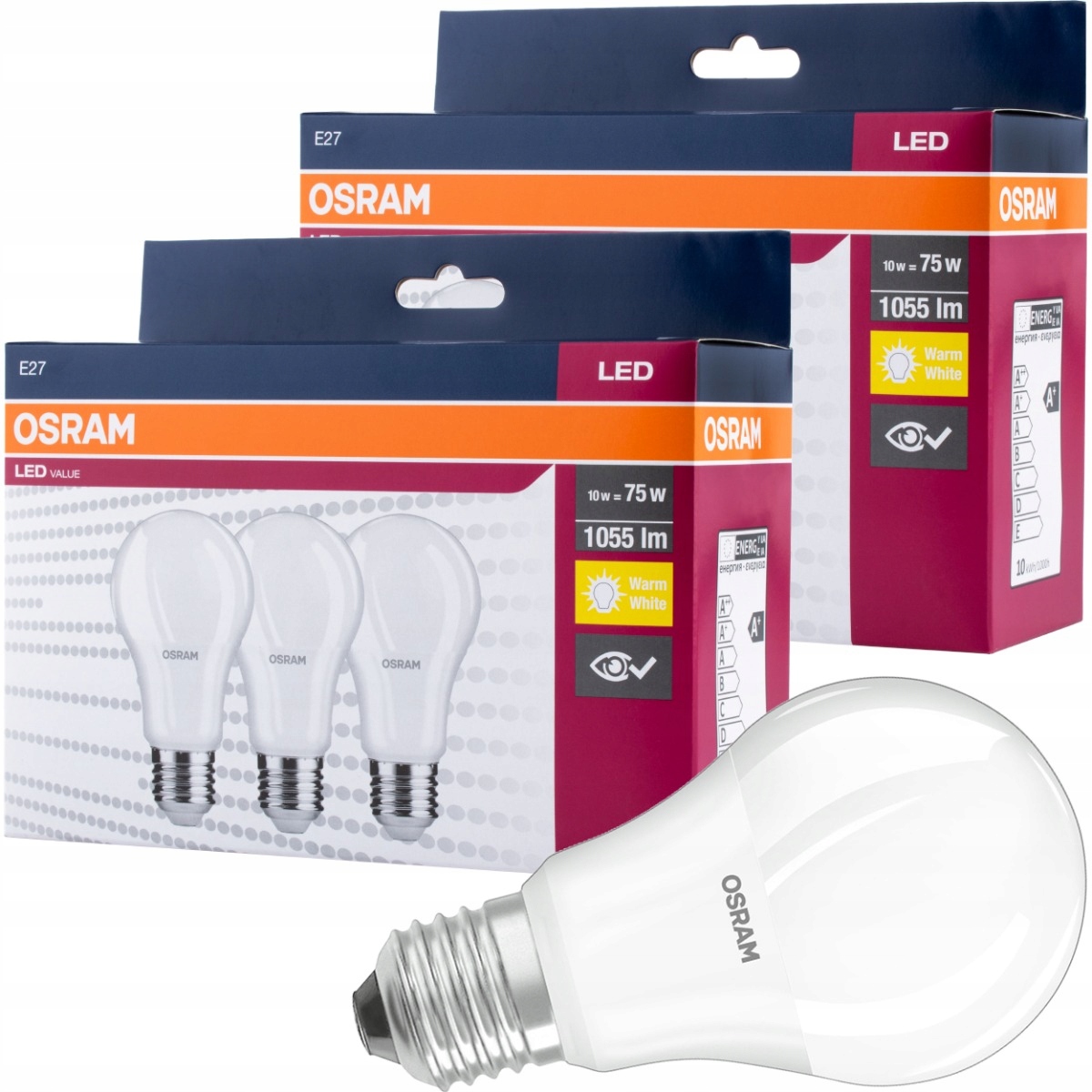 6x Żarówka LED A60 E27 10W 75W 1055lm 2700K OSRAM
