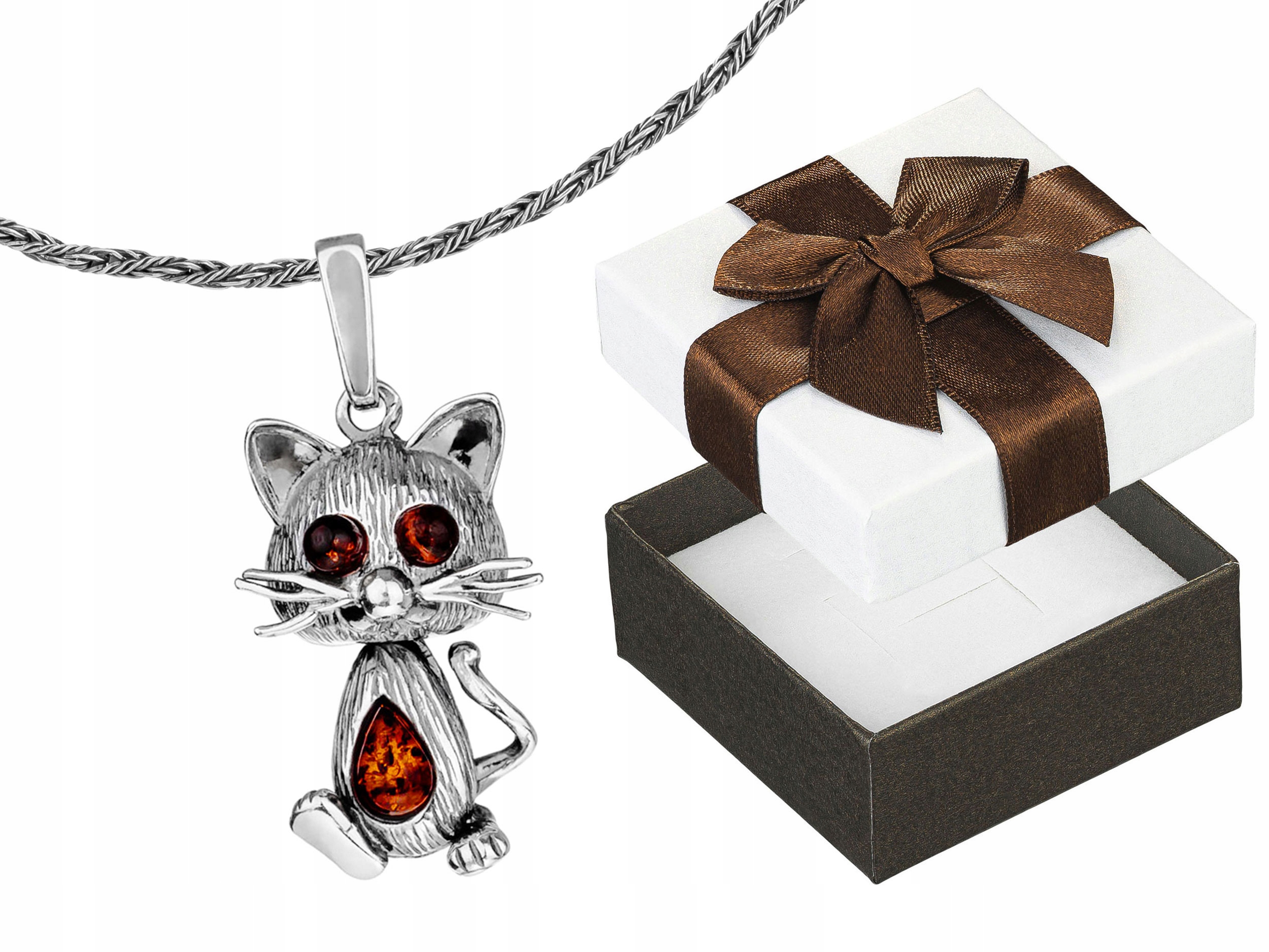 Velký Stříbrný Oxidovaný Náhrdelník Kočka s Jantarem Koťátko Jantar Choker 38