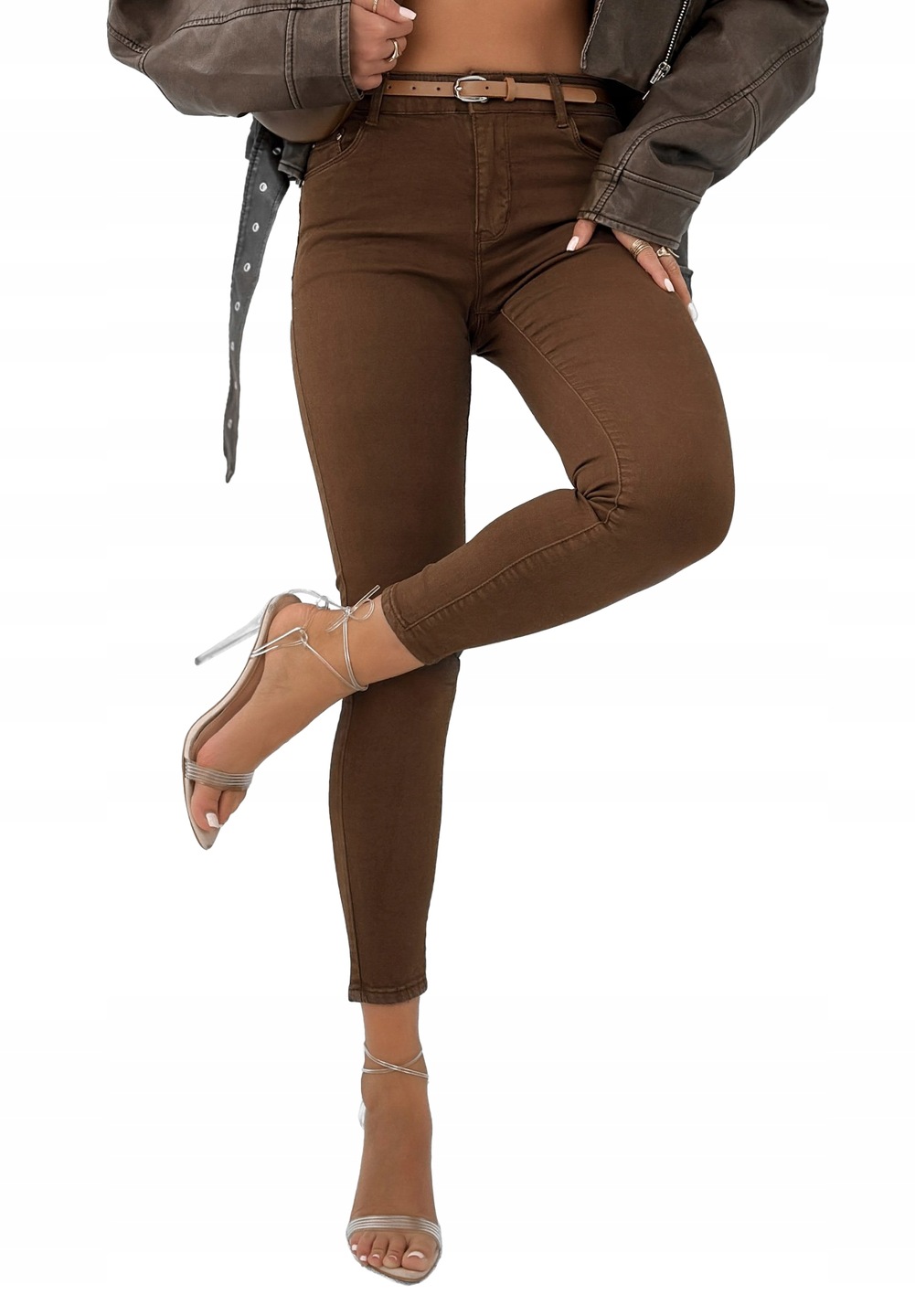 Jeansy damskie M.sara Push Up Pasek Czekolada 48/4XL