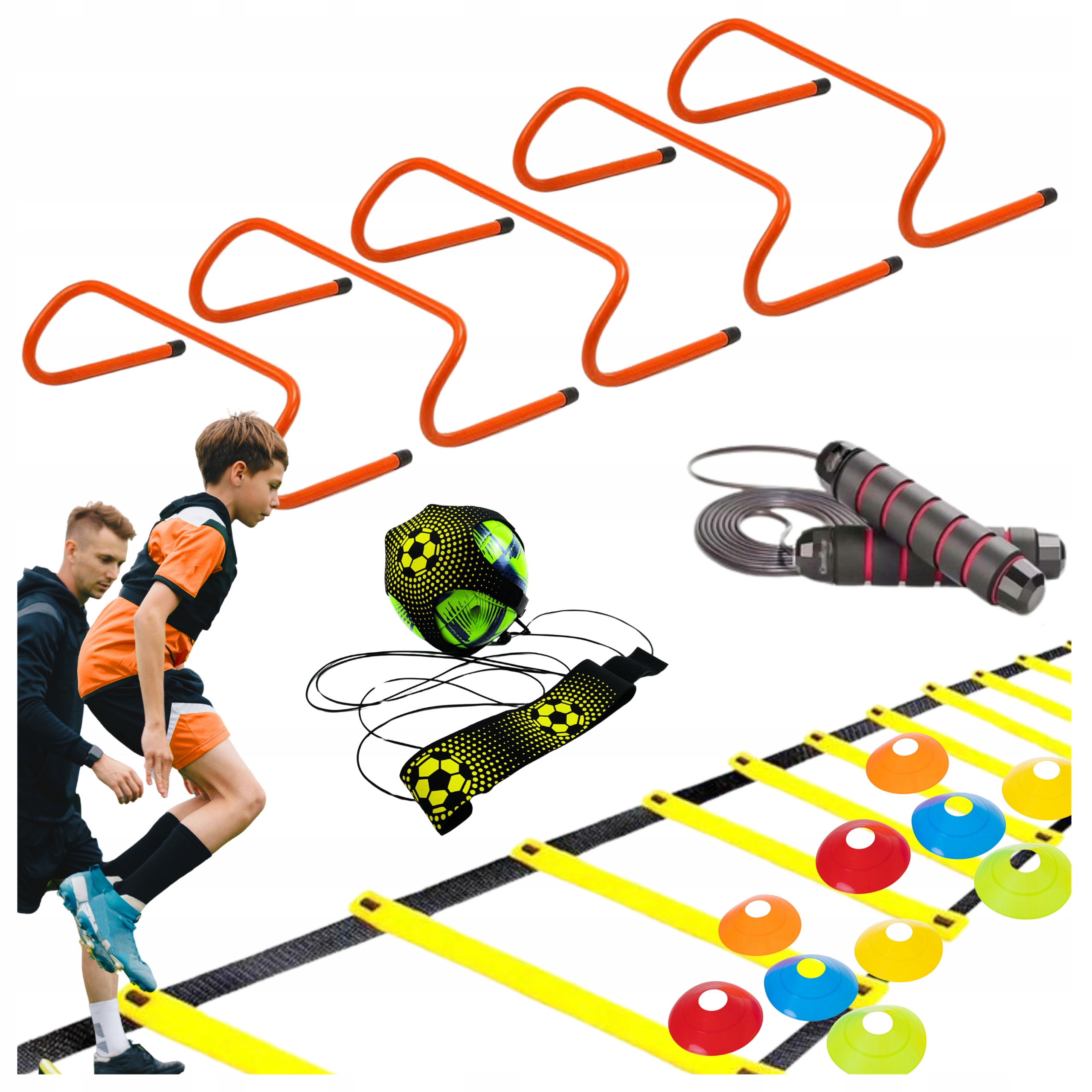 Piłkarski zestaw Trening Agility Drabinka Płotki 15cm Skakanka Trener