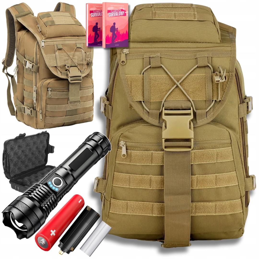 Plecak Brązowy Wojskowy Turystyczny 42L Latarka Mocna Survival Led Usb