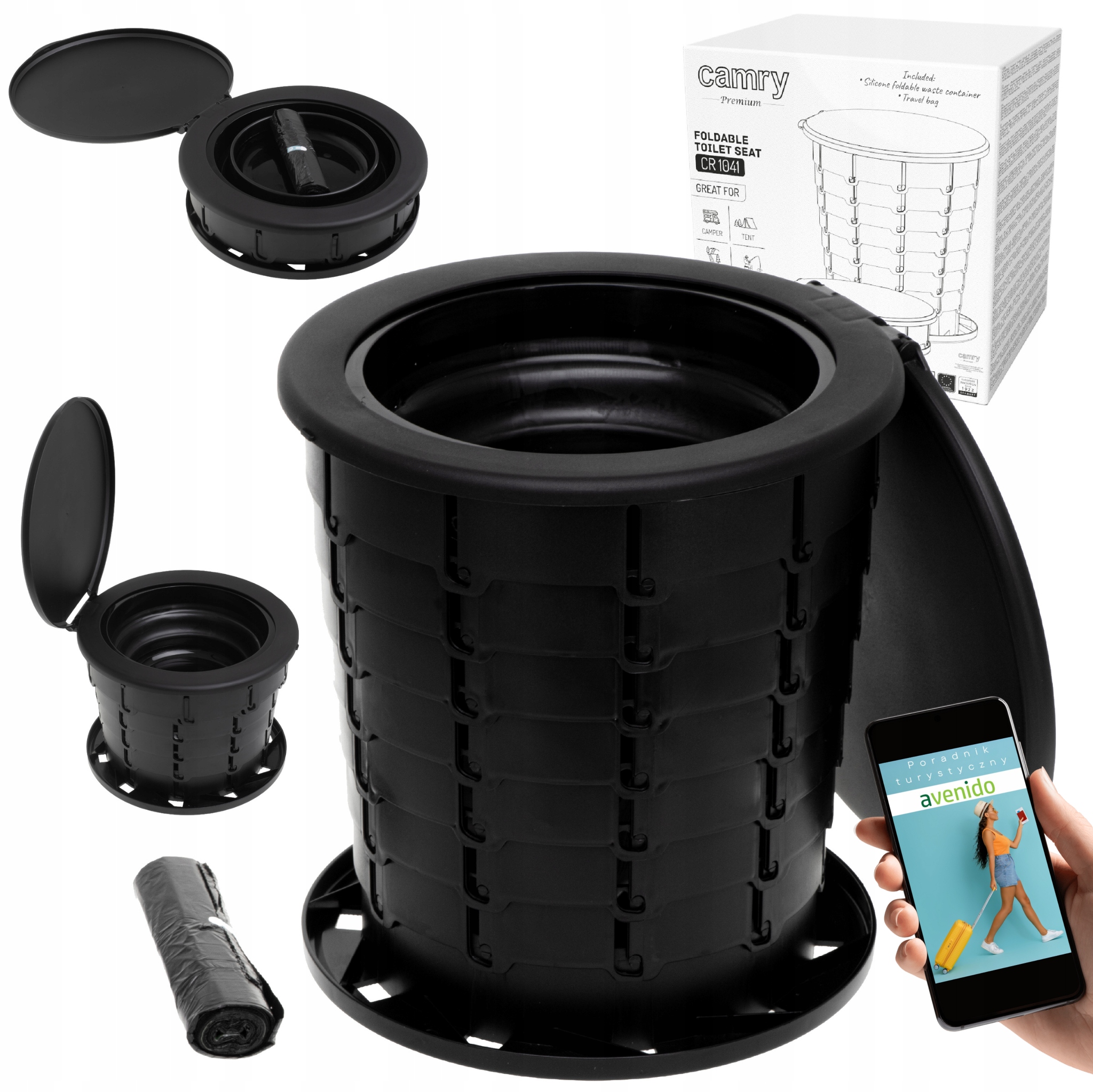 Toaleta Turystyczna Przenośna 3w1 Stołek Kosz na śmieci Składana 10 worków