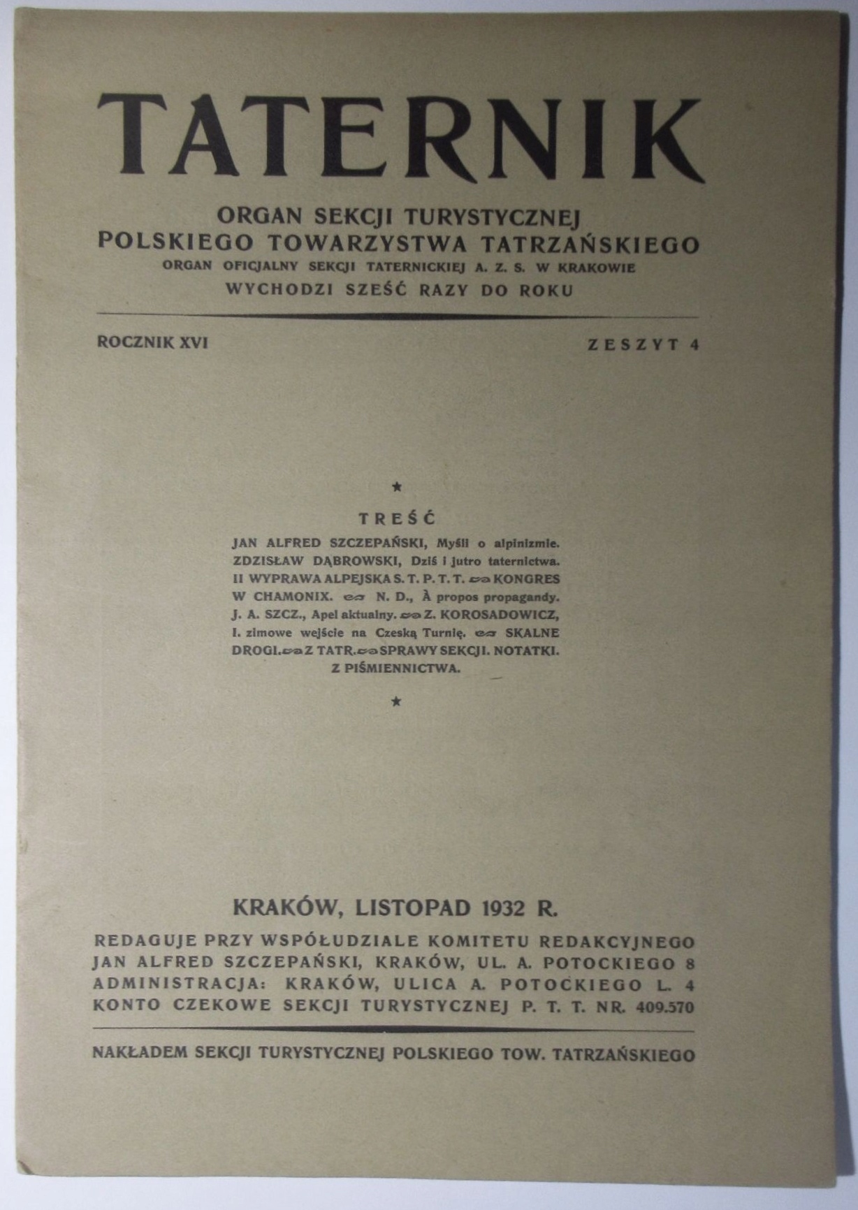 TATERNIK, Zeszyt 4, 1932, TATERNICTWO, ALPINIZM
