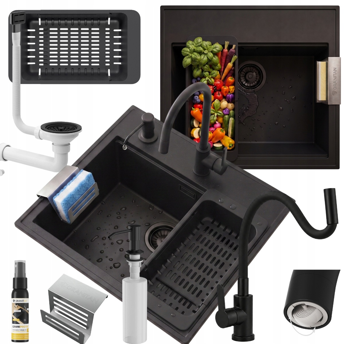 Granitový drez Verno čierny s batériou Grado Plus, sifónová sada