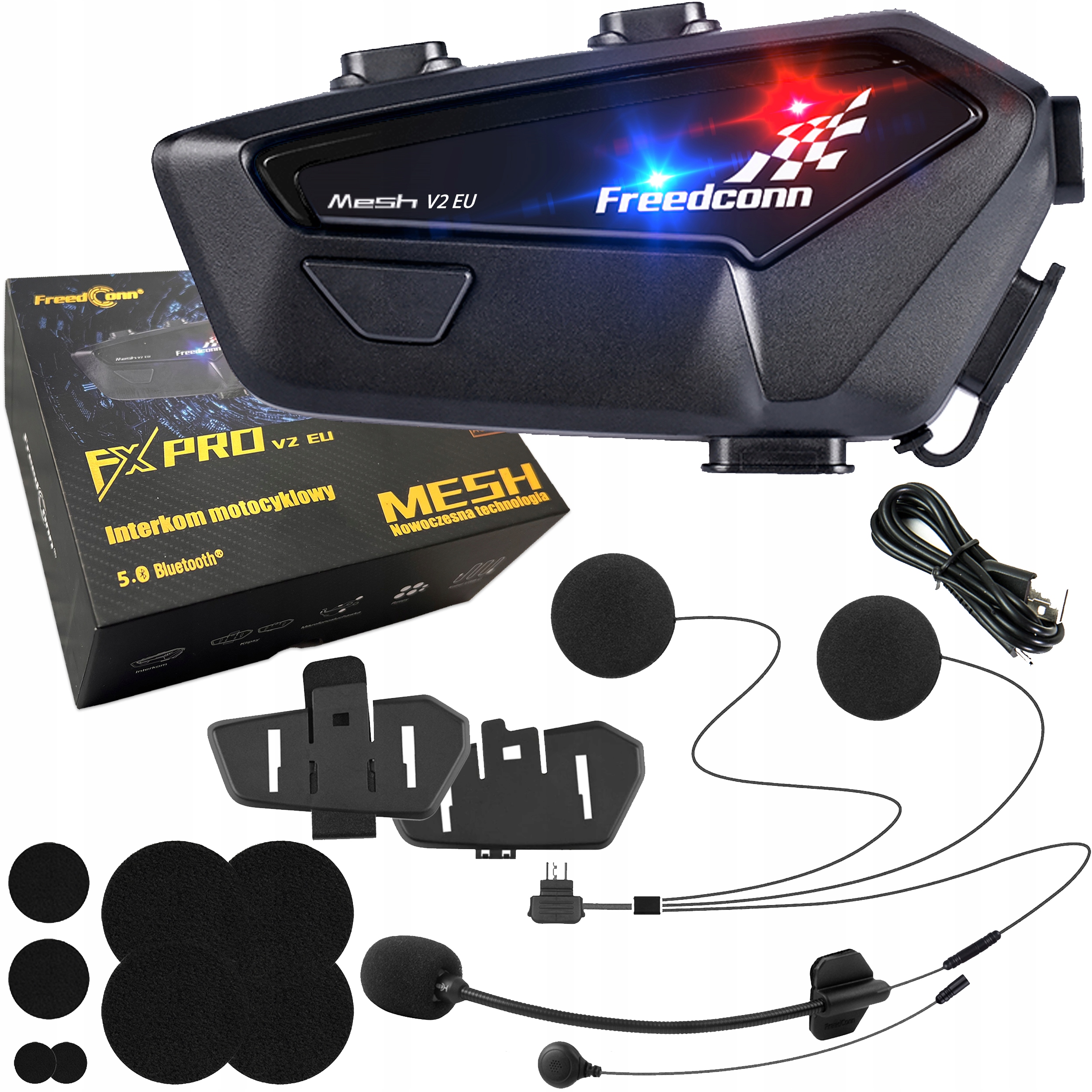 INTERKOM MOTOCYKLOWY FREEDCONN FX PRO V2 EU TRYB MESH 6 OSÓB DŹWIĘK HI-RES
