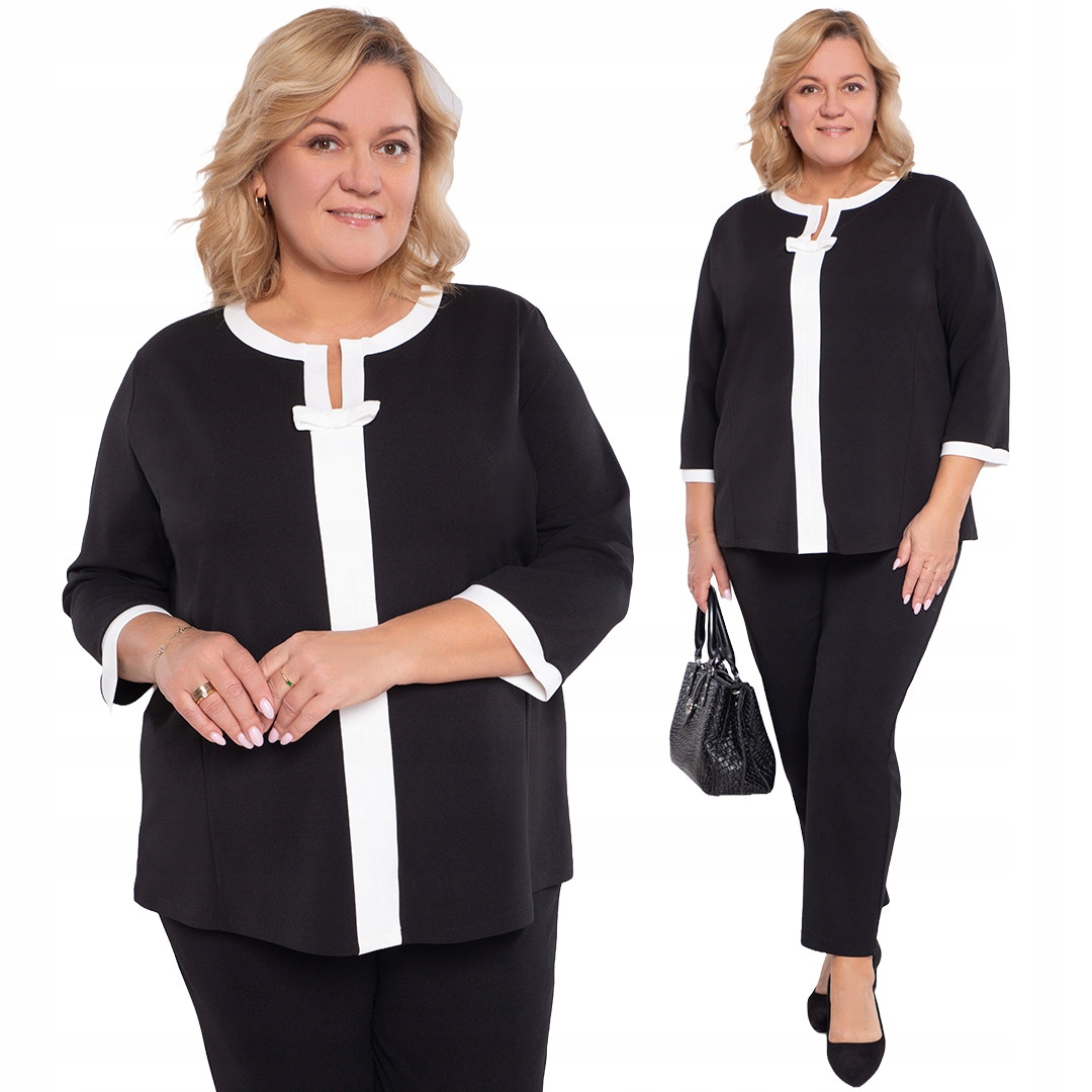 Czarna bluzka białe wykończenie z kokardką 56/58