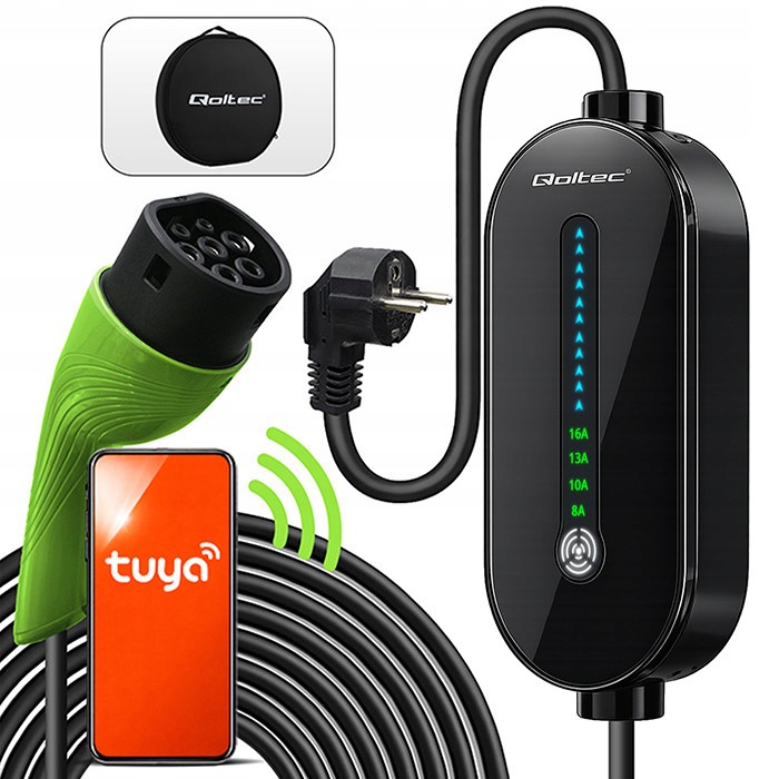 Nabíječka pro elektromobily Typ 2 pro hybridní vozy Qoltec 3.5kW 230V 16A Schuko Wi-Fi Tuya 5m