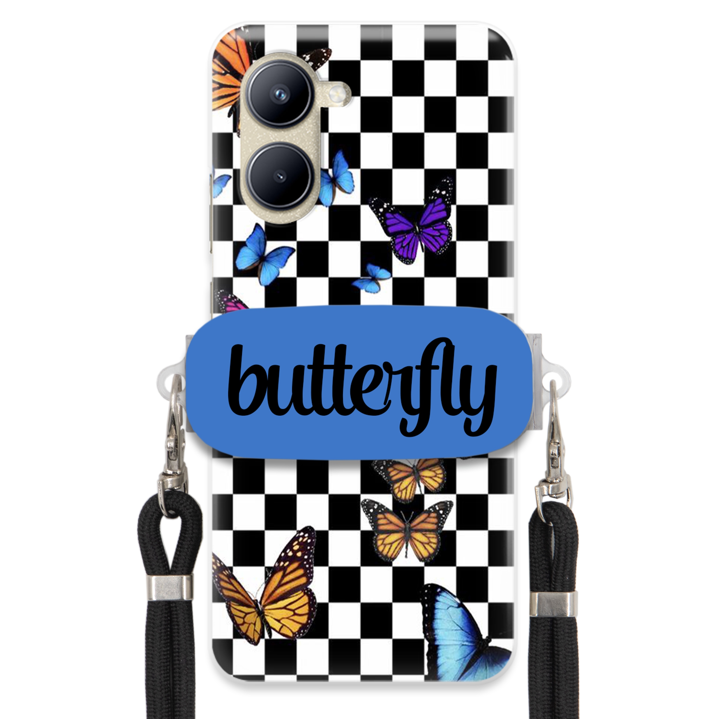 Pouzdro Pro Realme C33 Case Obdélníkový Úchyt Černé Vodítko Butterfly Motýli