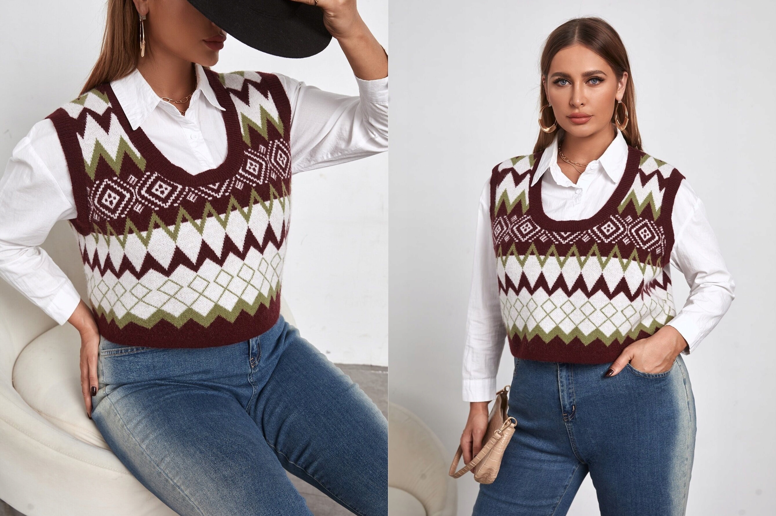 Shein Bordowa dzianinowa kamizelka w jodełke XXL