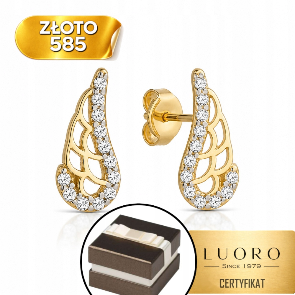 Náušnice Zlaté 585 14K Andělská Křídla Zirkony Tyčinka 1 CM Elegantní