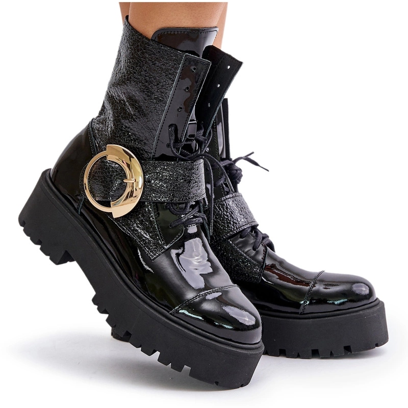 Kotníkové Boty Workery Přírodní Kůže Zlatá Spona Zámek Zazoo 2942 Černé 40