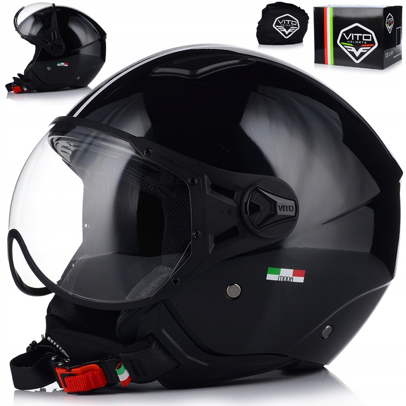 Motocyklová Přilba Otevřená Vito Moda Černá Skútr Chopper Ece 22.06